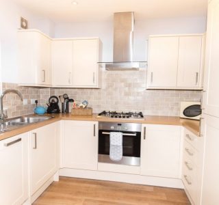 Wight Riviera Kitchen area with oven, gas hob, extractor overhead, sink with mixer tap, stainless steel drainage board, kettle, utensils, microwave, dishwasher and fridge/freezer