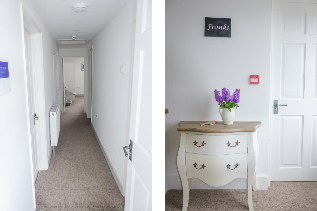 Split photo, Corridor which runs through the accomodation (Left) Front door with chest of drawers. (Right)