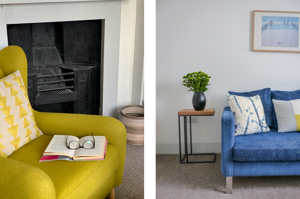 Living area split photo. Yellow mustard coloured arm chair with glasses and book (left) Dark blue sofa (right)